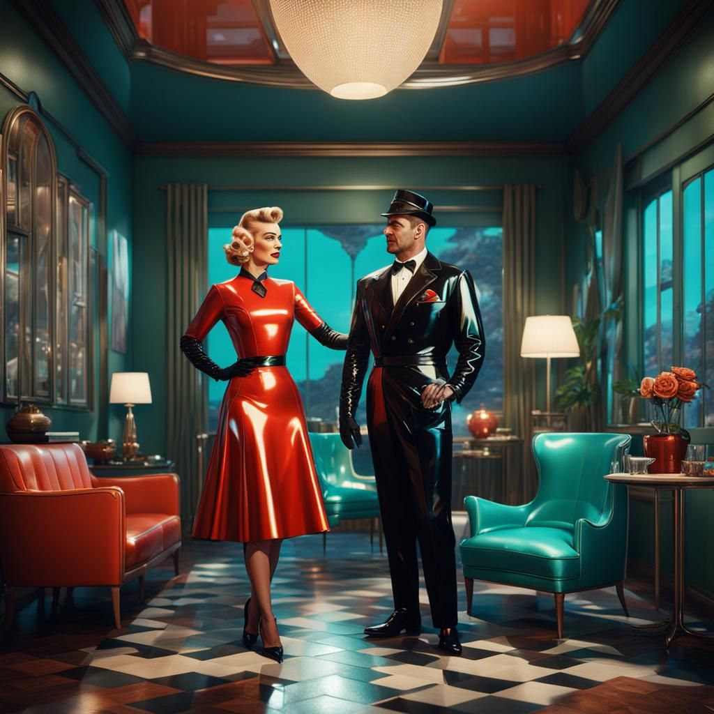 1950s Couple in Shiny Latex: Detailed Matte Painting
