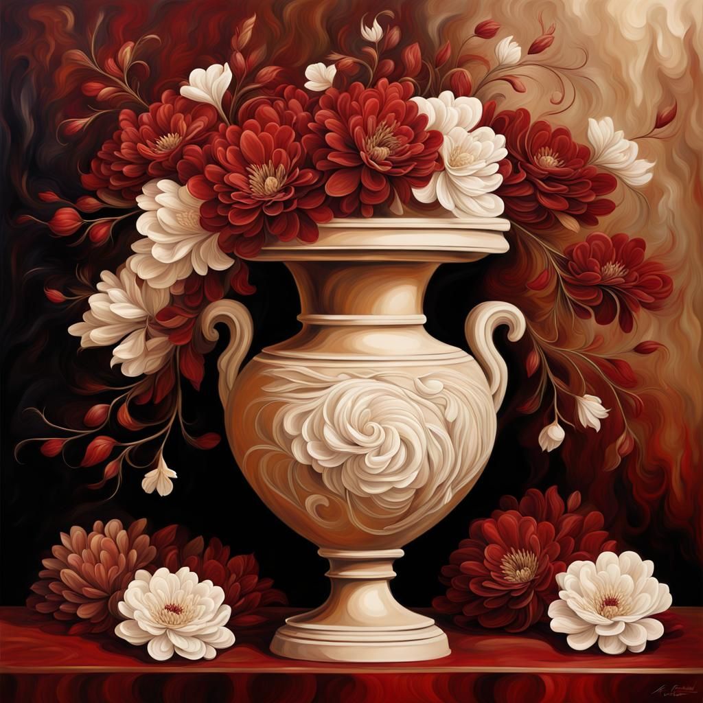 Blossom Urn: Classic Oil Painting in Deep Reds