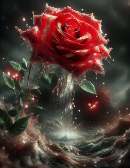 Red Rose with Magical Waterfall Riverscape