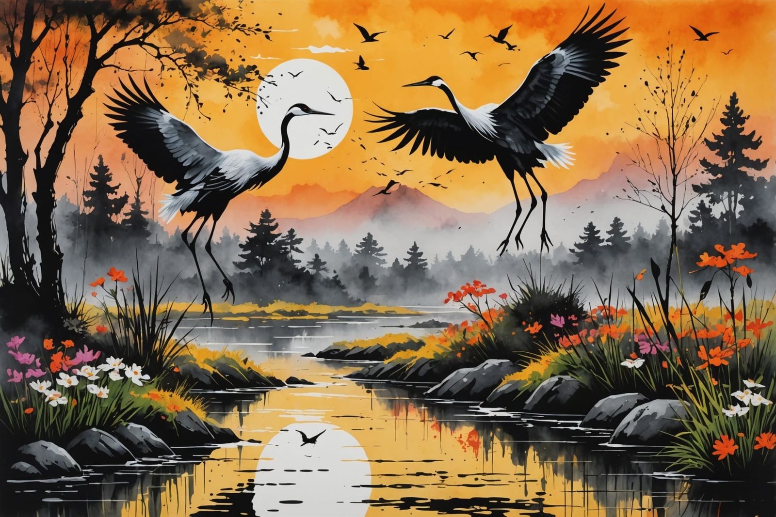 Ink Splatter Art: Cranes at Creek at Sunrise
