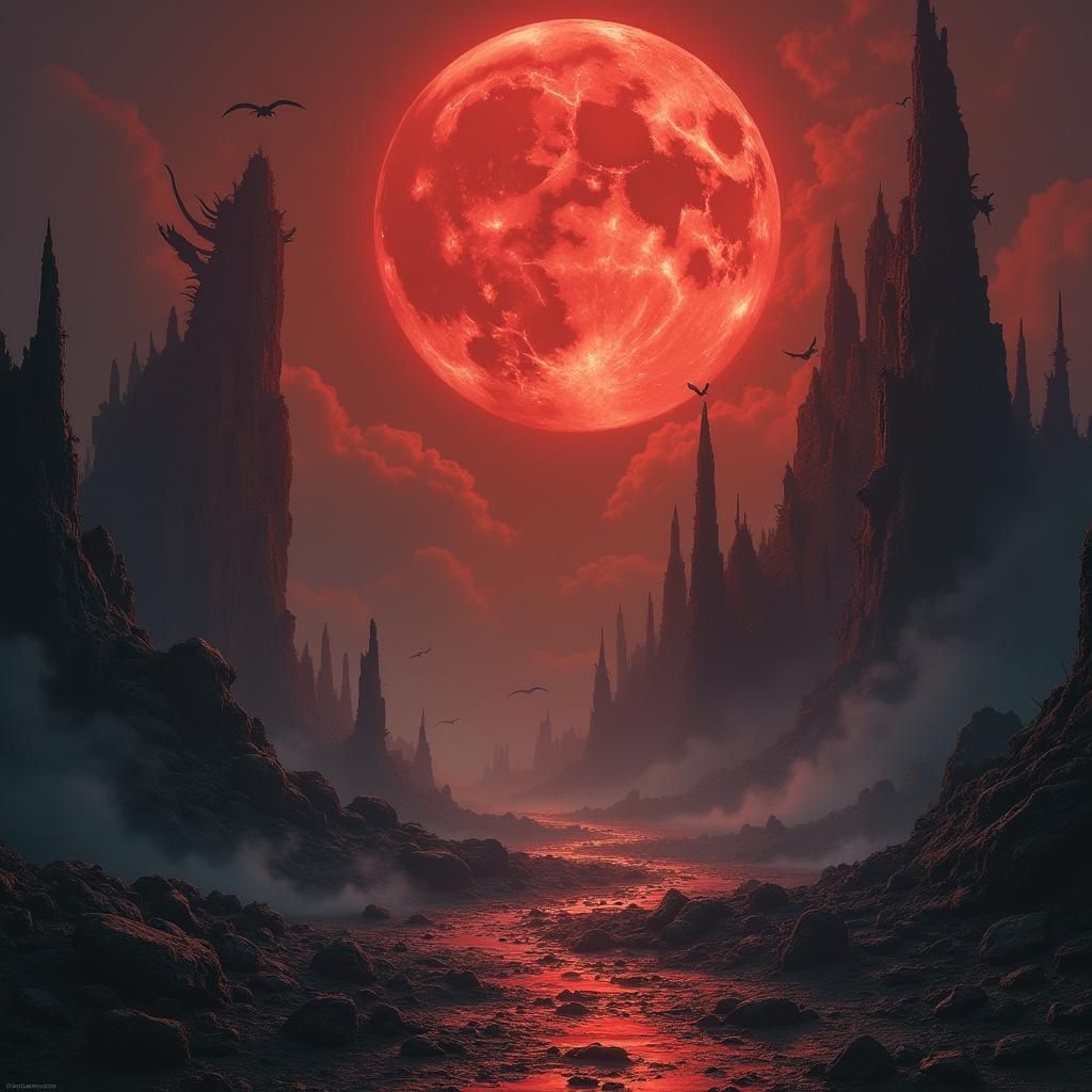 Demonic Hellscape Under Crimson Blood Moon