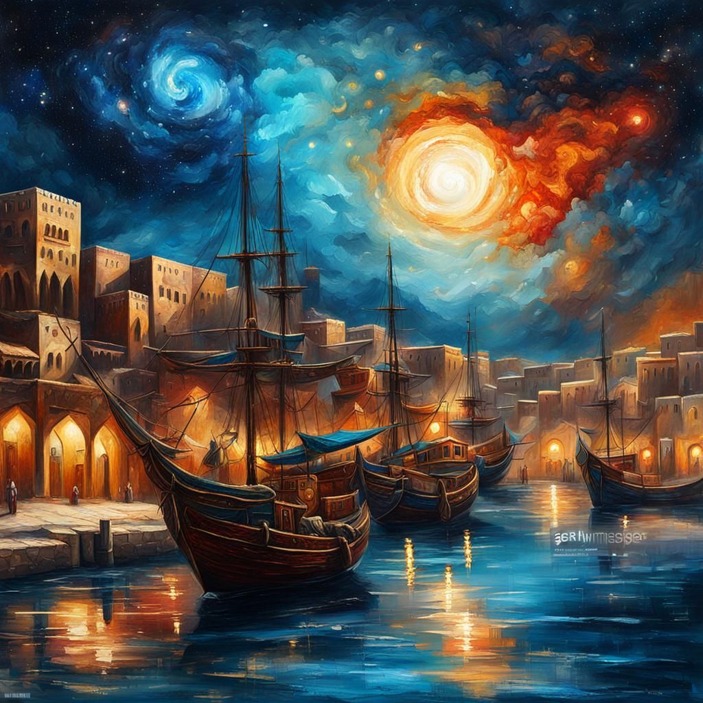 Abstract Arabian Port with Galaxy, Oil Painting