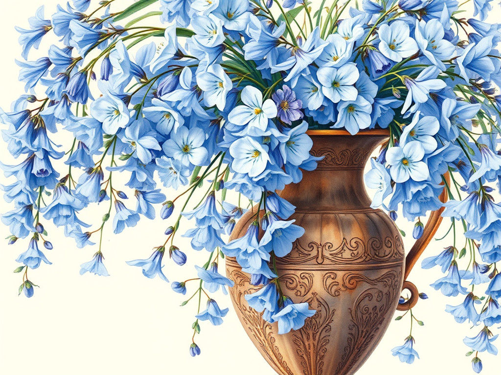 Bluebell Bouquet in Vintage Vase, Delicate Watercolor