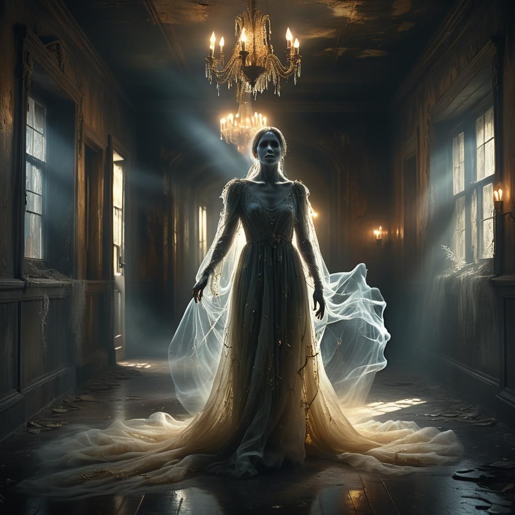 Ethereal Spirit in Haunted House: Cinematic Digital Art