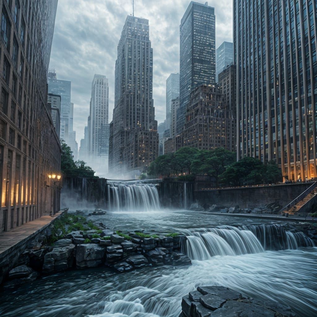 Waterfall Flowing from United Nations Building
