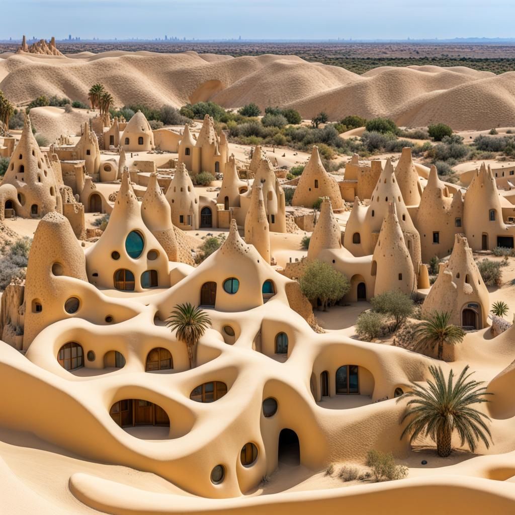 Gaudi-Inspired Desert Town Aerial View