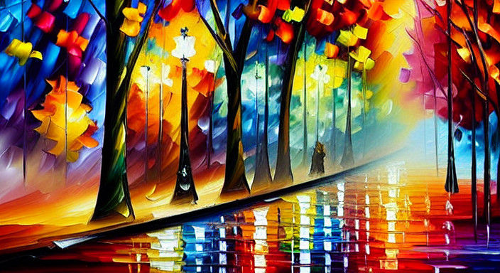 Autumn Night in a Rain-Soaked Park Alley