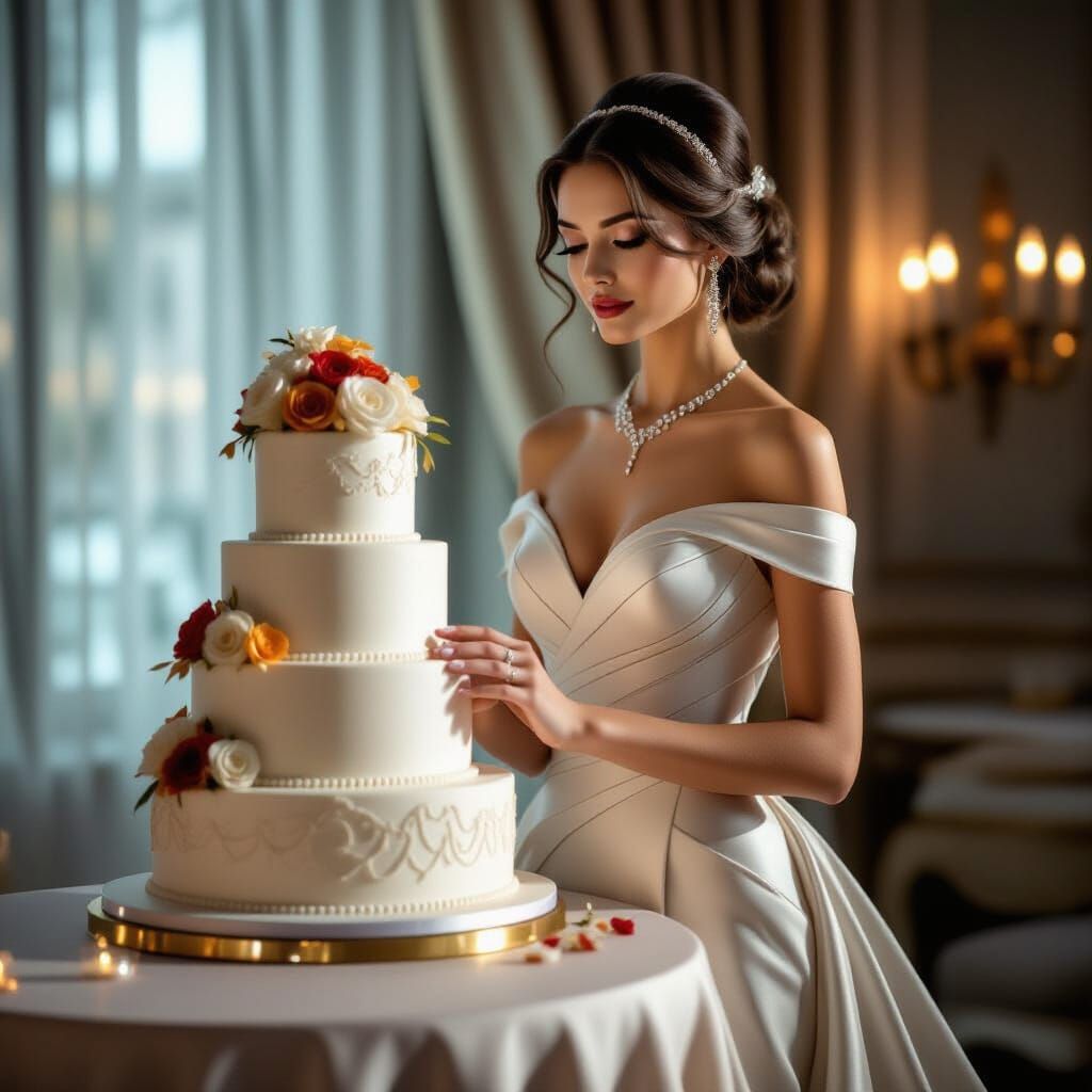 Elegant Woman in Silk Gown with Autumn Wedding Cake
