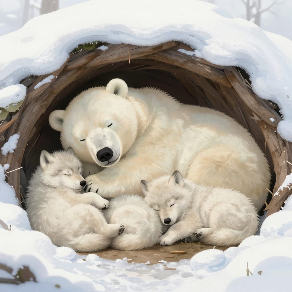 Baby Wolves and Polar Bear Sleeping in Snowy Den