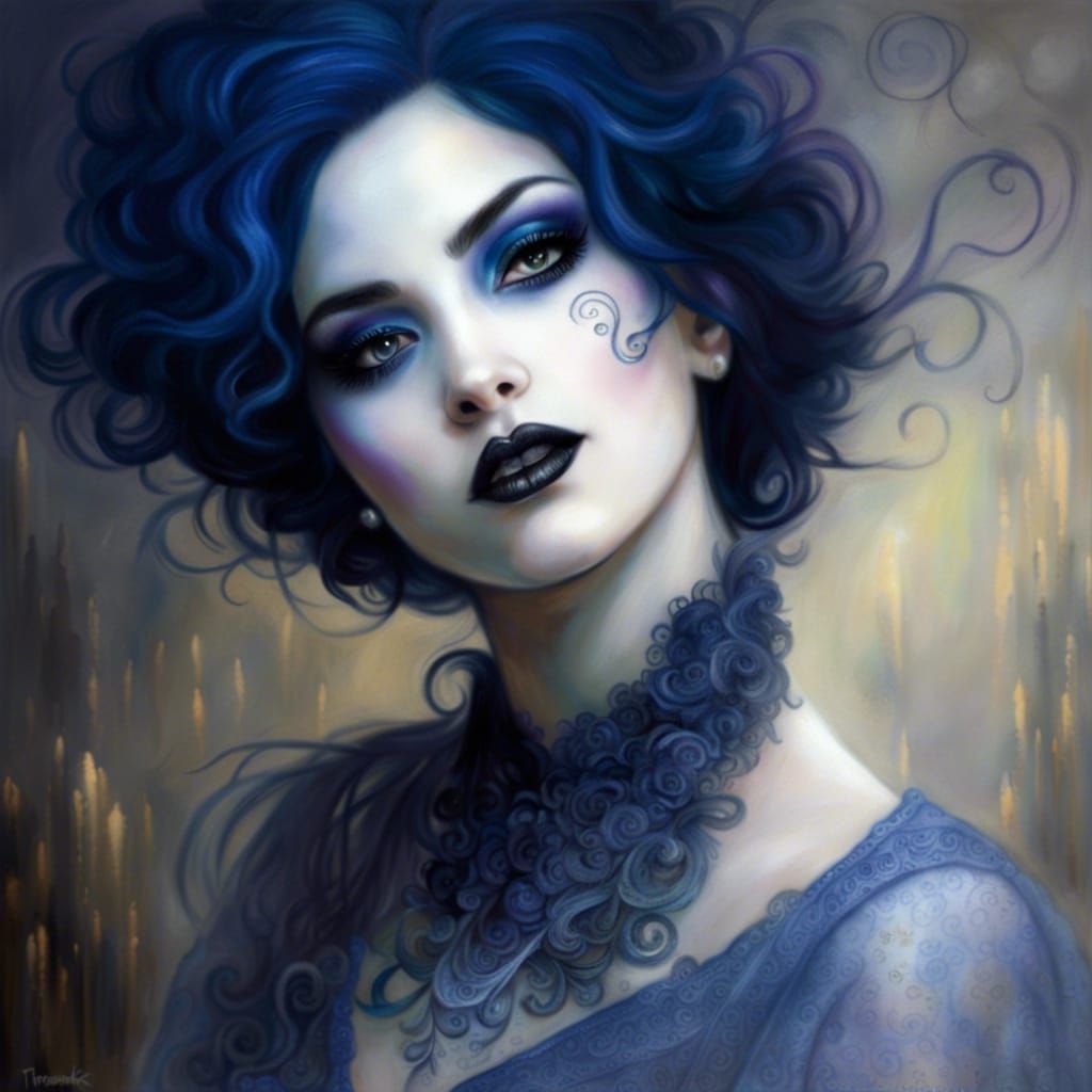 Ethereal gothic young lady with indigo hair and indigo eyeshadow and Black eyeliner and Black lipstick