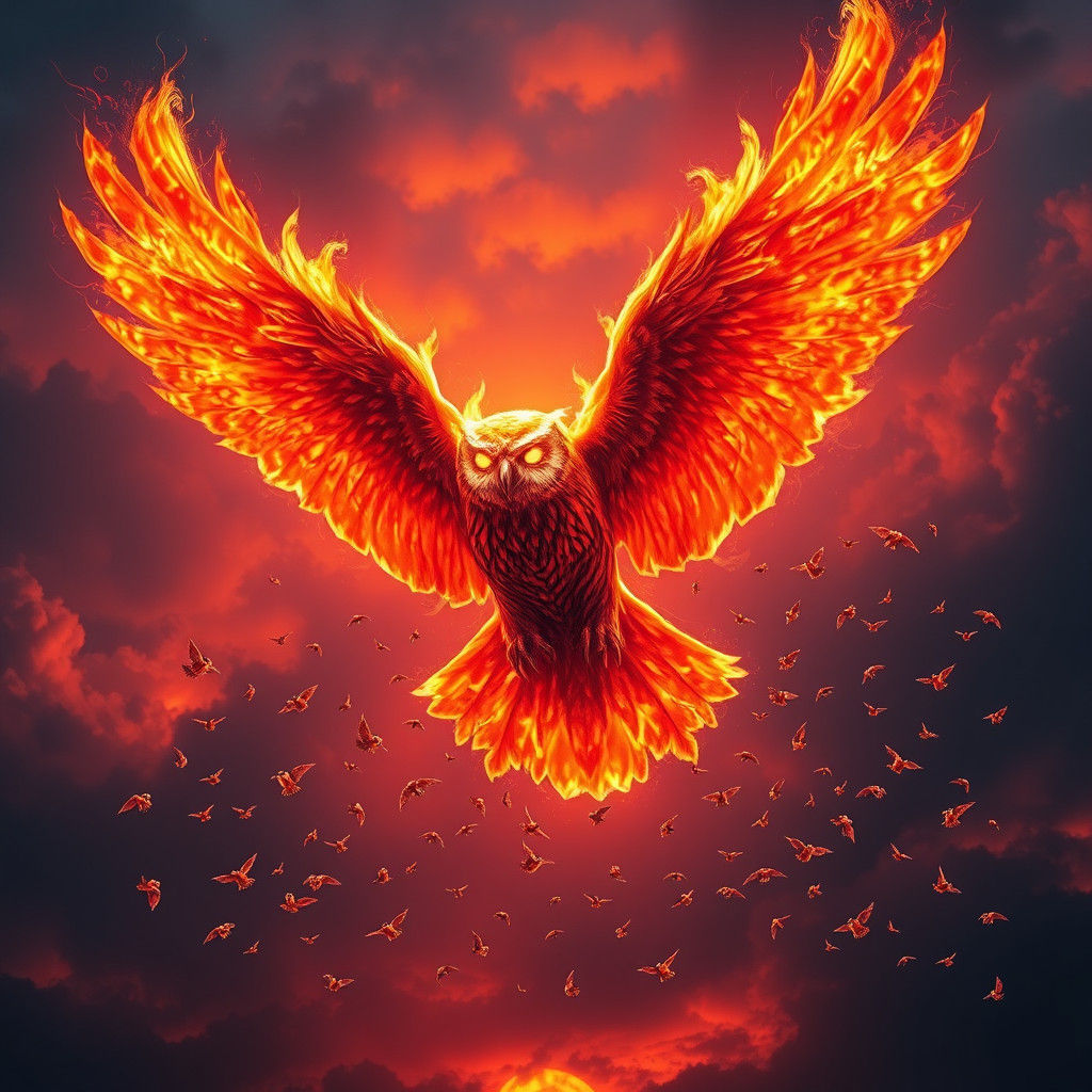 Majestic Fiery Owl Soaring in Fantasy Sky