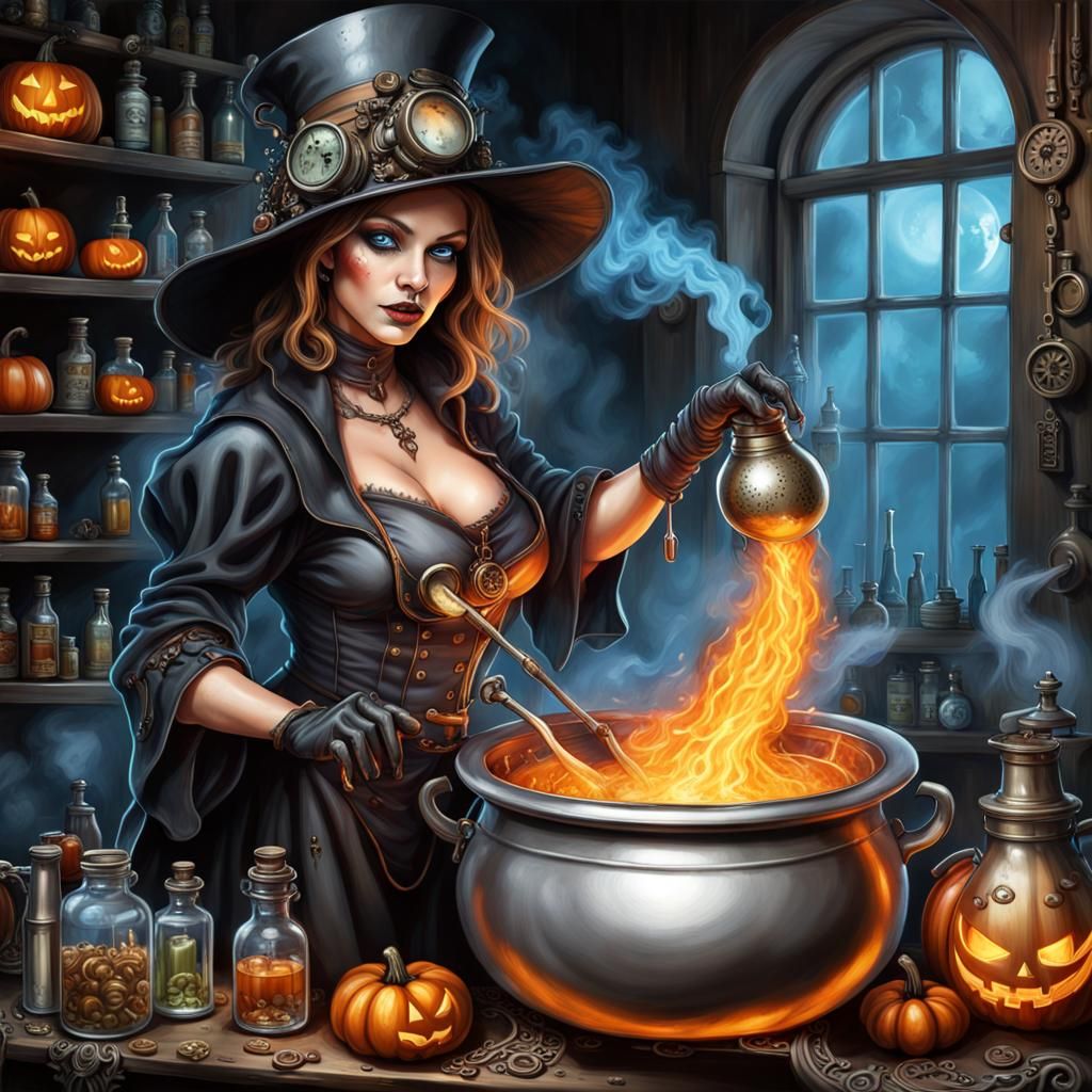 Steampunk Halloween Witch Brewing Aetherpunk Potion