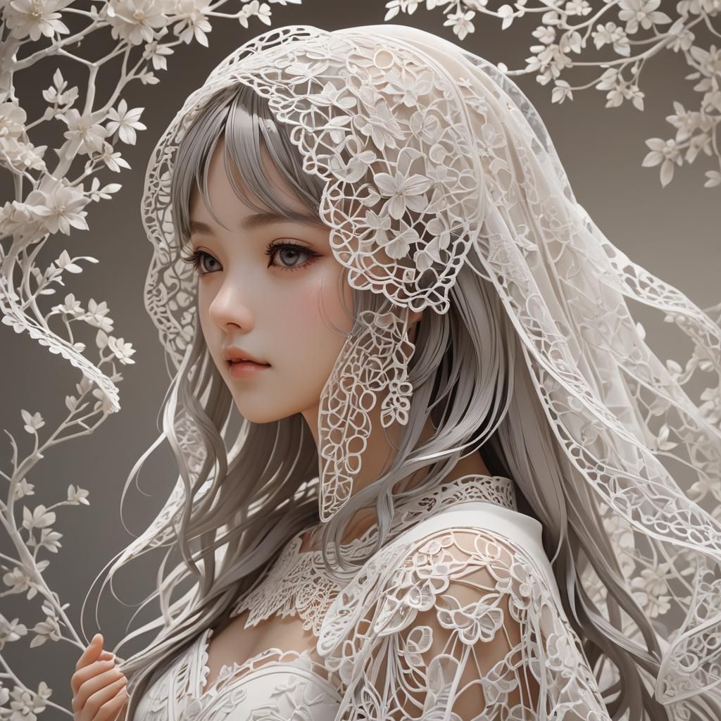 Lace Veil Flowing: 3D Anime Kirigami Art