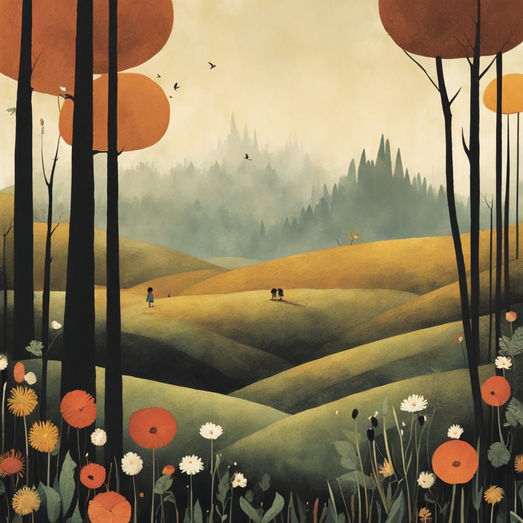 Whimsical Spring Scene in Minimalist Watercolor Style