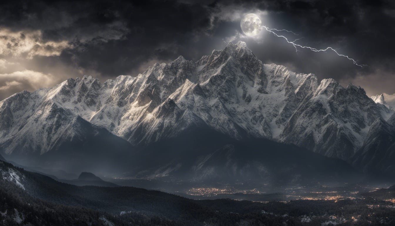 Snowy Peaks Under Black Lightning