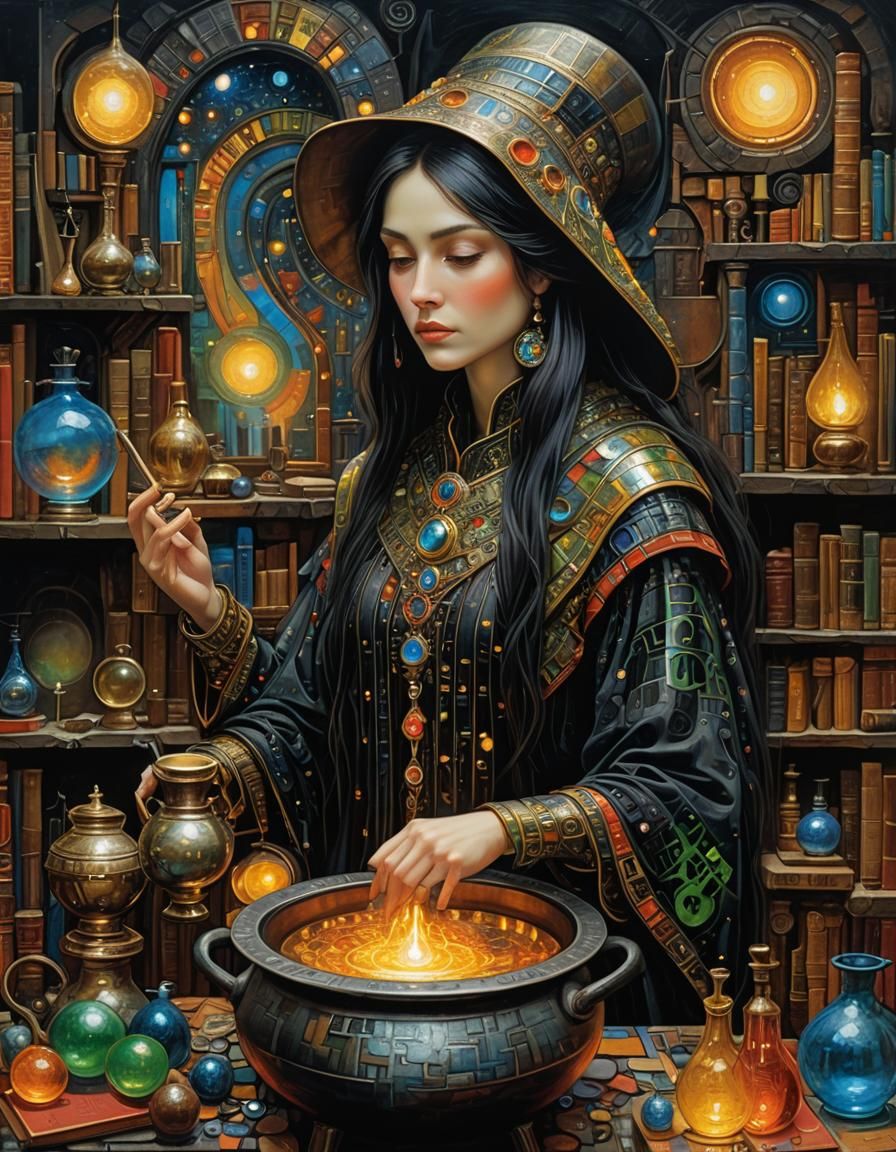 Ethereal Alchemist Performing Spell as Oil Painting