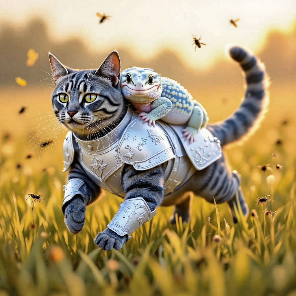 Armored Tabby Cat Leading Gecko Into Cricket Battle