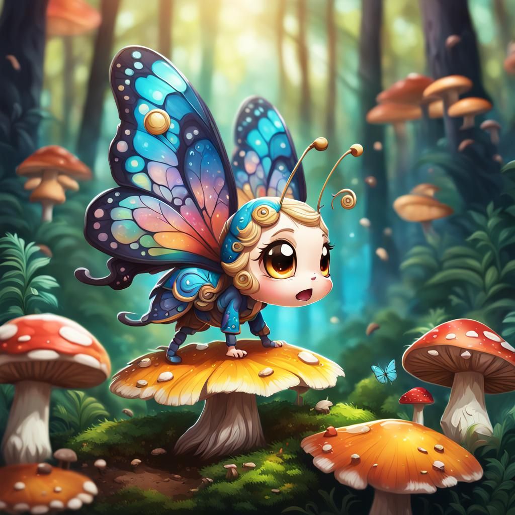 Chibi Butterfly on Flower, Hyperrealistic Splash Art
