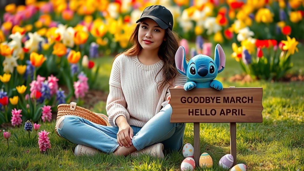 Young Woman Surrounded by Vibrant Flowers in a Serene Garden...