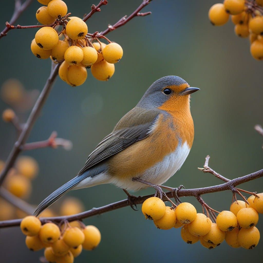 Vibrant Bird on Yellow Berry Branch in Soft Focus