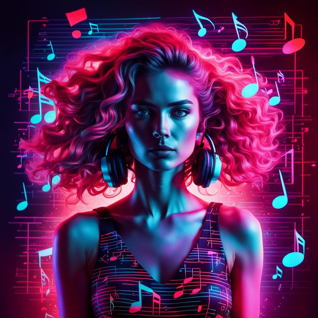 Synthwave Woman in Neon Musicscape