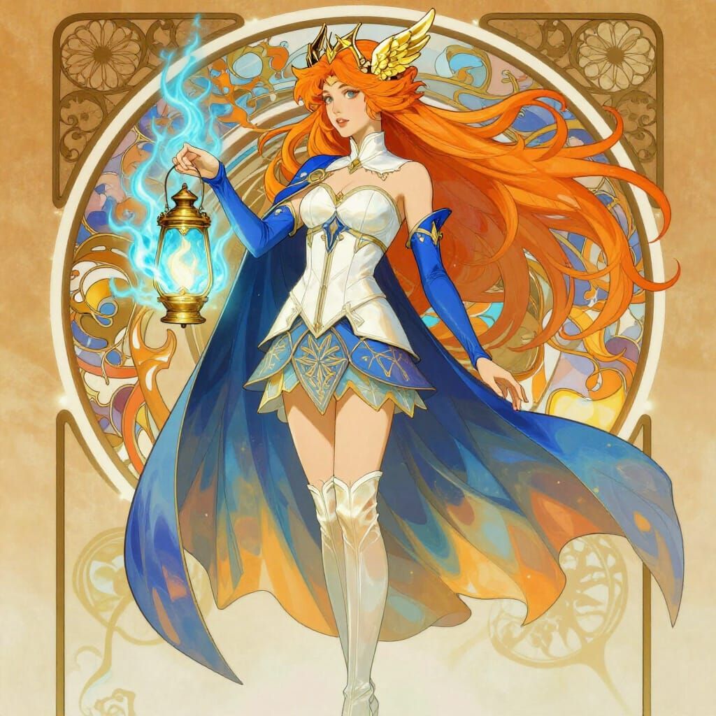 Elegant Fantasy Sorceress with Orange Hair and Golden Crown
