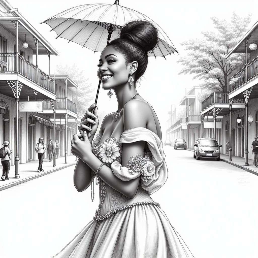 Enchanting Black Woman Strolls Down Bourbon Street in Elegan...