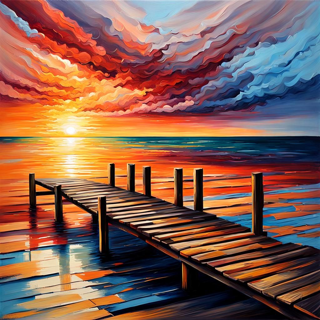 Abstract Sunset Oil Painting of Jetty to Sea