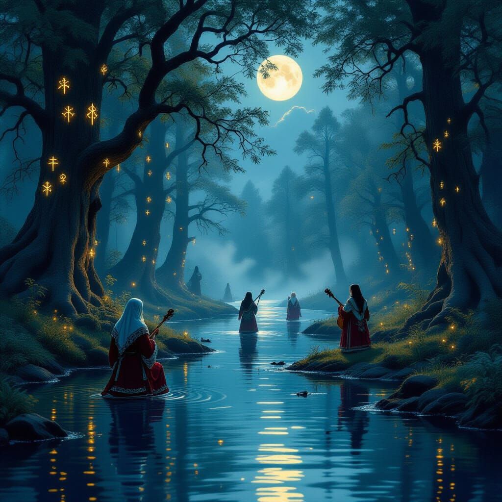 Mystical Russian Forest at Twilight with Folkloric Figures