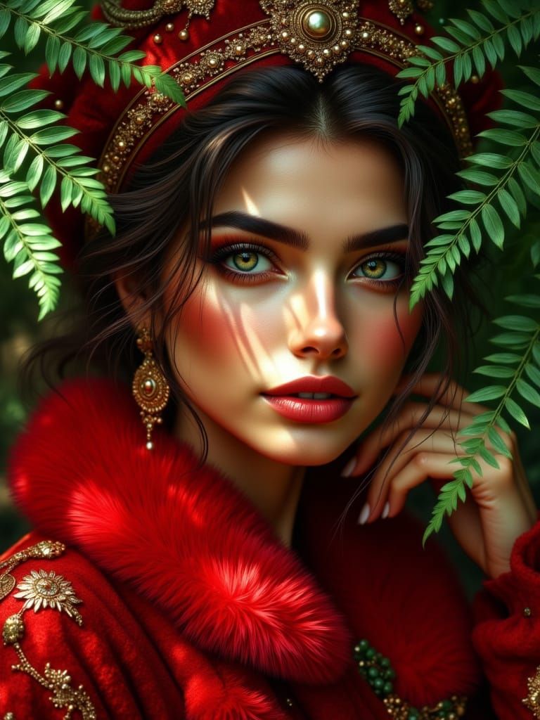 Russian Vogue Portrait: Woman in Red Fur and Kokoshnik