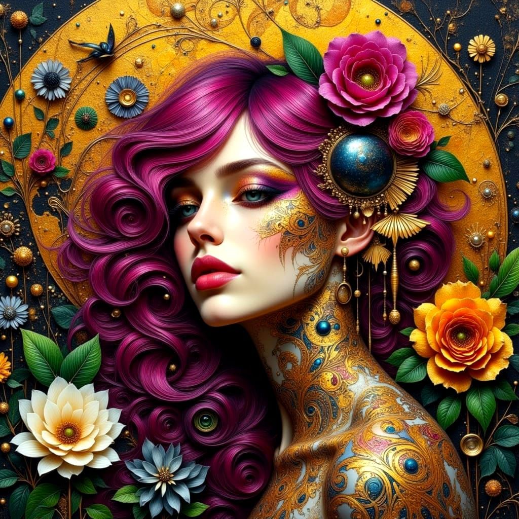 Floral Impasto Painting with Henna Details in Art Deco Style