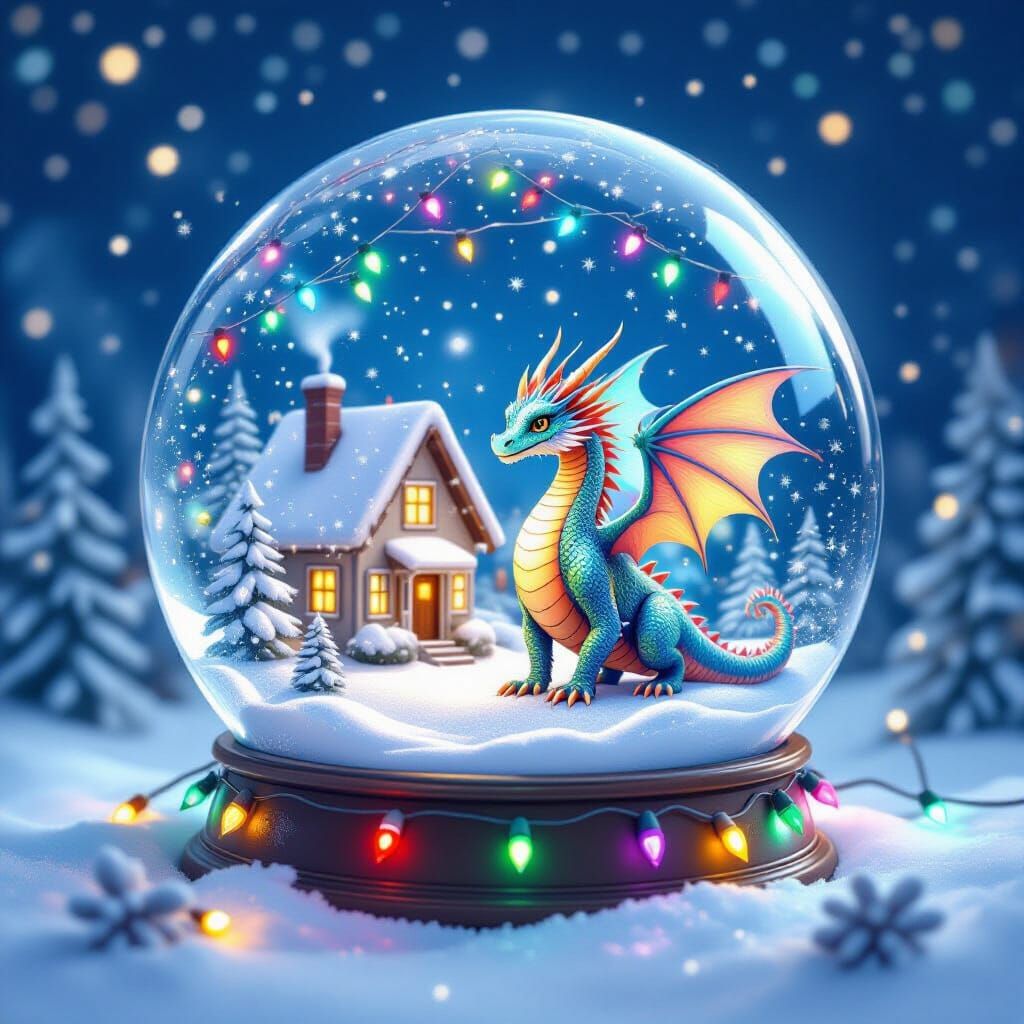 Rainbow Dragon in Christmas Lights Snow Globe