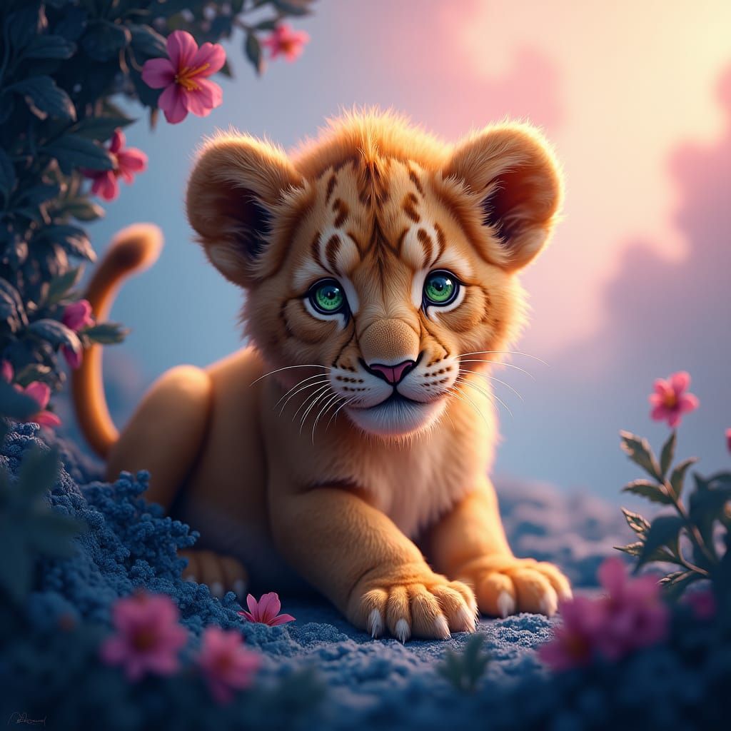 Lion Cub in Mystical Fantasy Environment