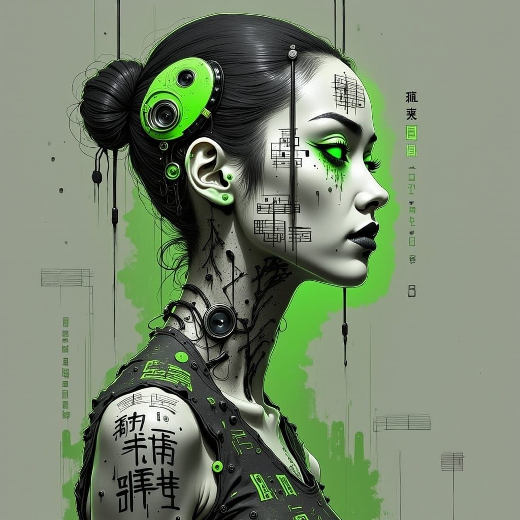 Cyborg Woman with Musical Tattoos in Neon Tokyo Style