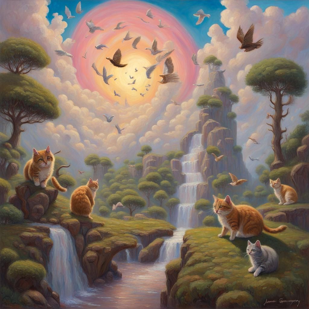 Enchanted Purradise: Winged Cats in Oil Painting