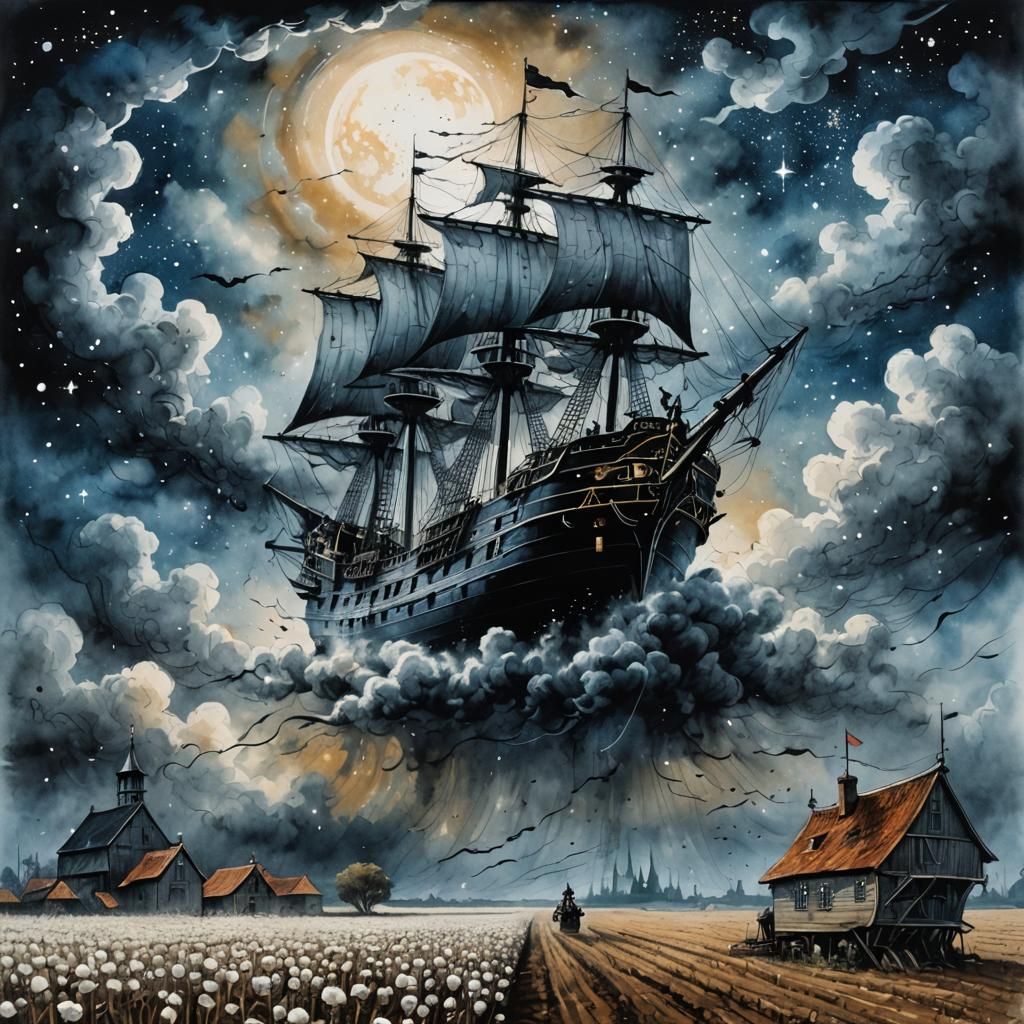Gothic Ink Painting of the Flying Dutchman