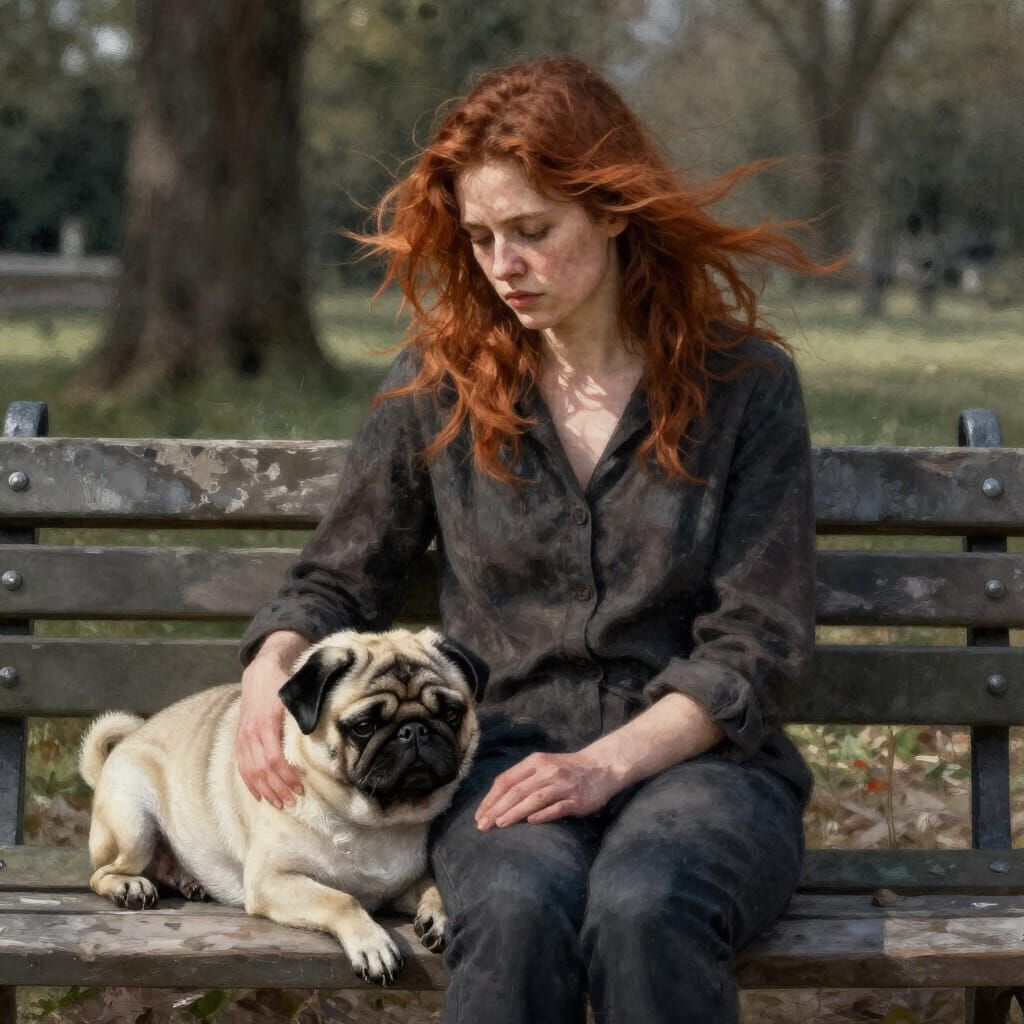 Woman and Pug on Park Bench in Dappled Sunlight