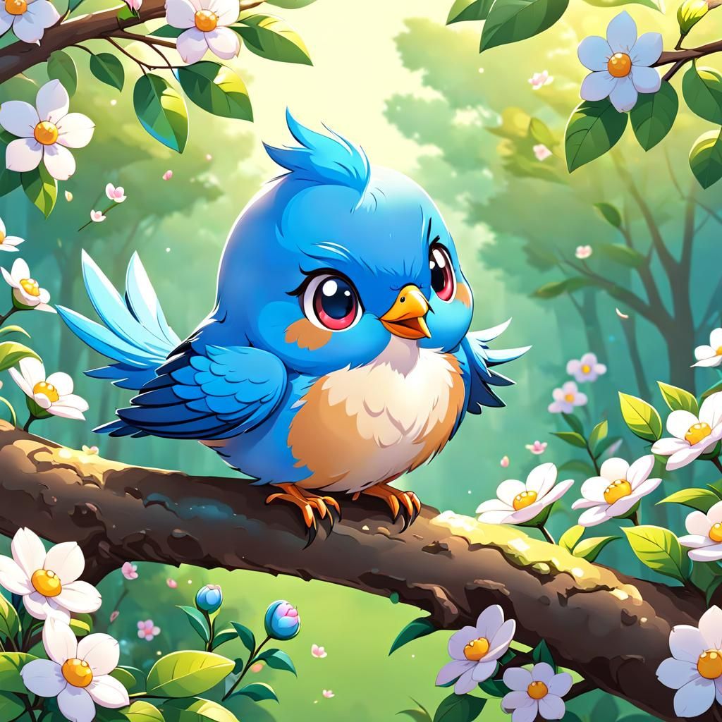 Cute Chibi Blue Bird on Flowery Branch