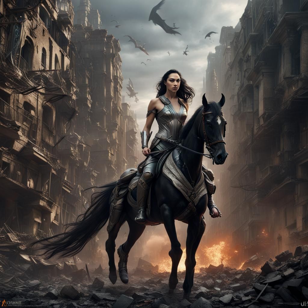 Futuristic Warrior on Horseback in Ruined City