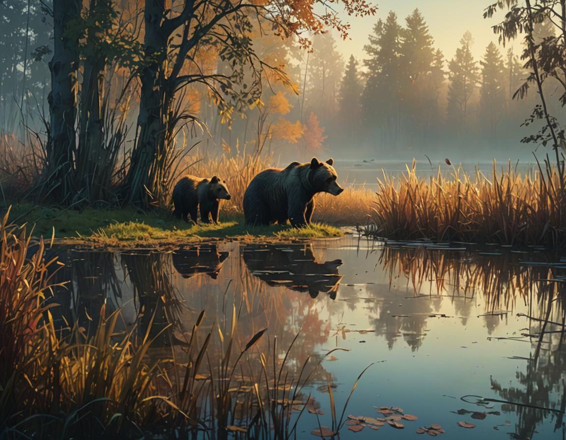 Bear Family Observes Ducks on Foggy Autumn Lake