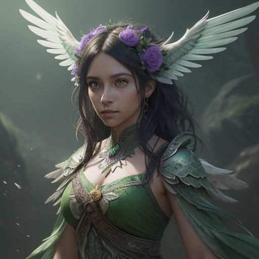 Girl in Bird-Themed Dress: Dark Fantasy Art