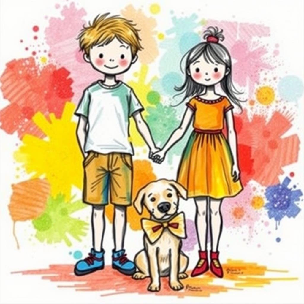 Children with Dog in Whimsical Crayon Drawing