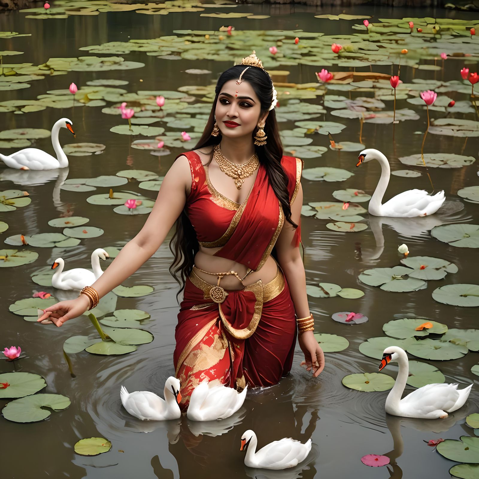 Urvashi Apsara Bathing in Lotus Pond, Detailed Matte Paintin...
