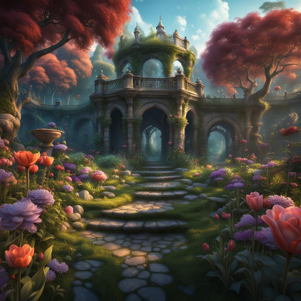 Fantastical Garden in Detailed Matte Painting Style