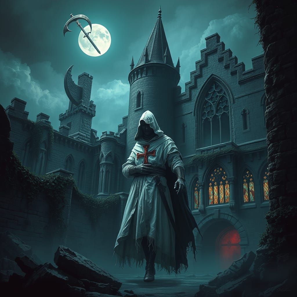 Spectral Templar Knight Haunts Abandoned Castle in Dark, Mys...