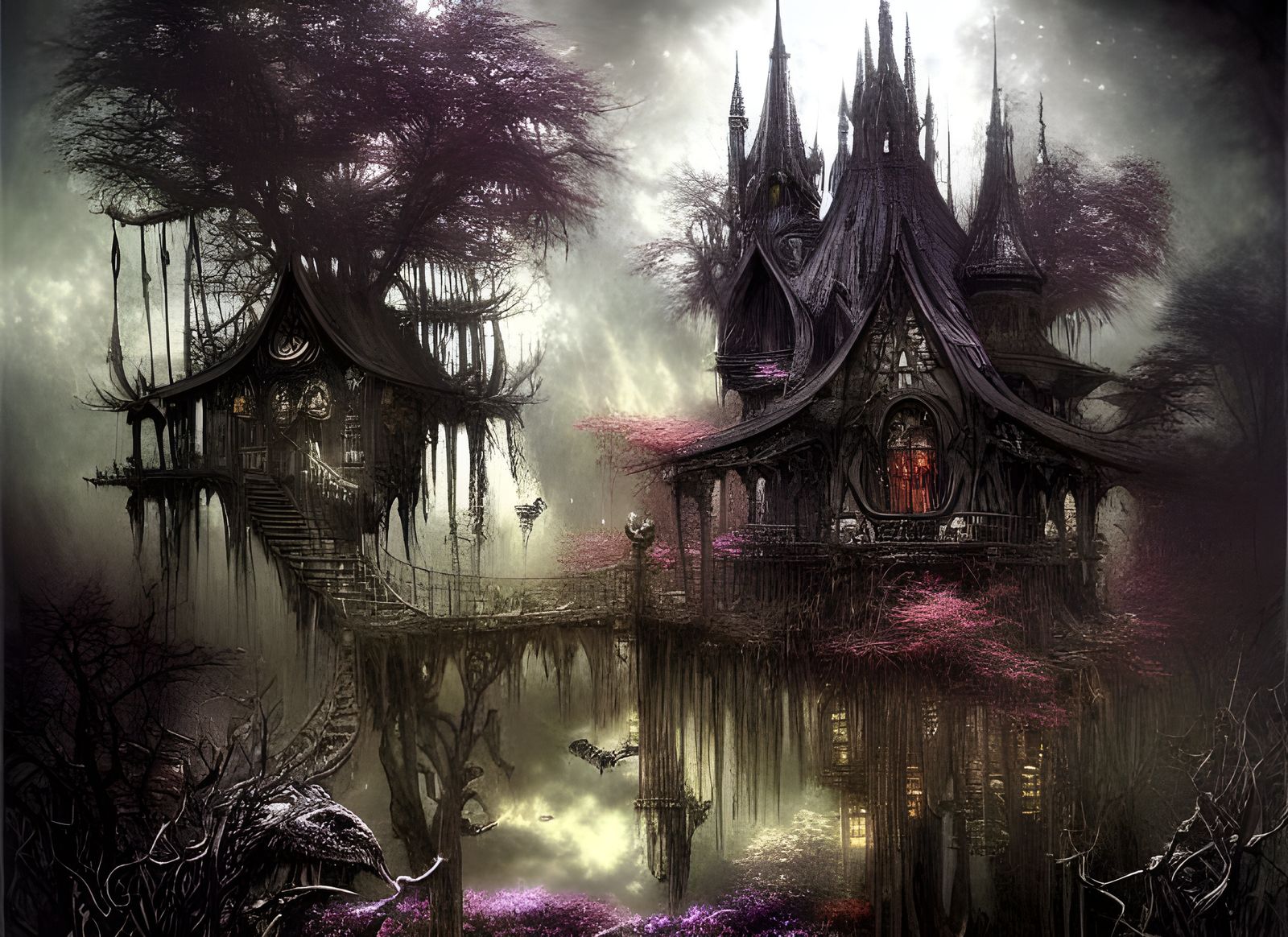 Dark Fantasy Gothic Treehouse Village with Ravens
