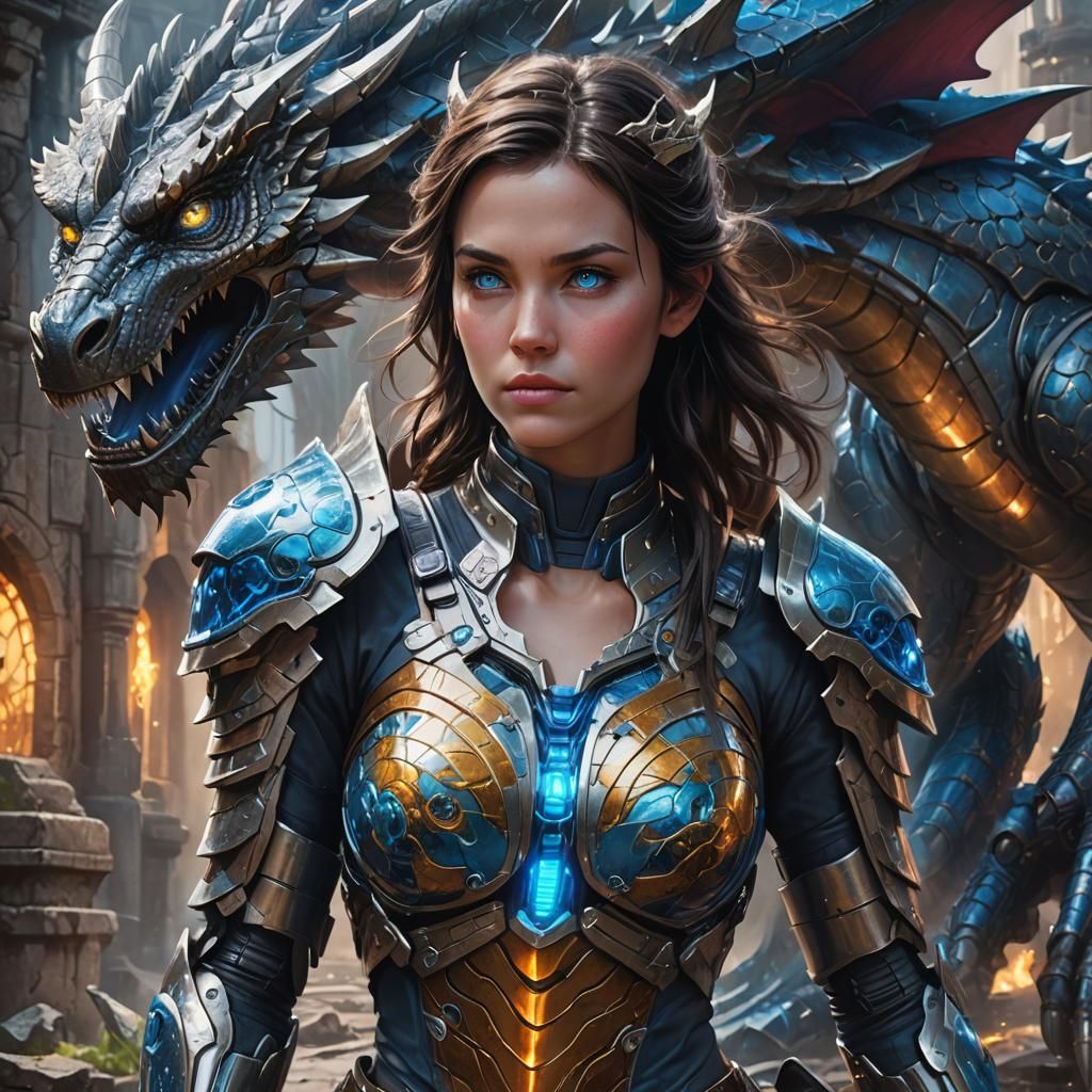 Woman Escaping Robotic Dragon in Art Nouveau Style