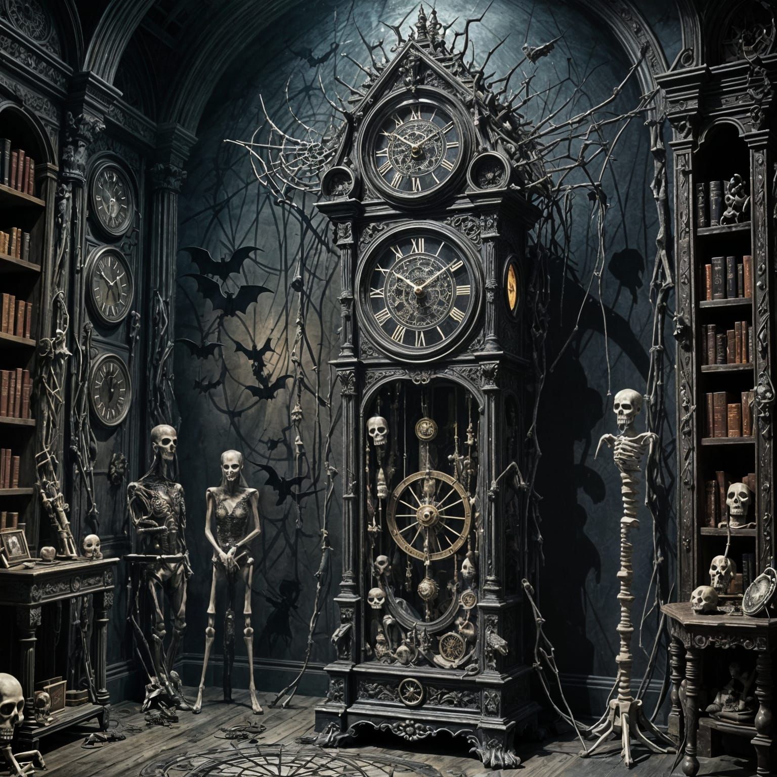 Spooky Bone Clock in Dark Wizard Room