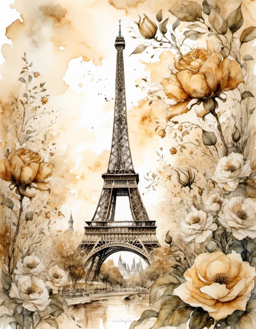 Vintage Botanical Page with Eiffel Tower Sketches