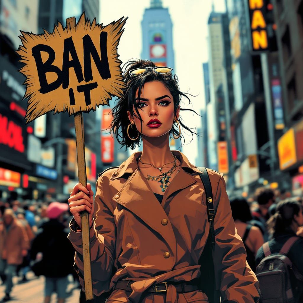 Stern Woman Protests in Graphic Novel Style